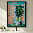 Funny green frog reading newspaper on toilet framed wall art above bathroom vanity, colorful teal kawaii bathroom scene with fiddle leaf fig plant, black frame on marble wall