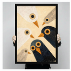 Person holding large abstract bird flock framed art print showing scale, cream and navy geometric design