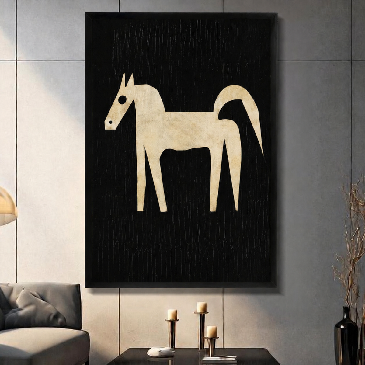 Abstract minimalist horse wall art in black framed canvas displayed in a moody living room with candlelight