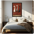 Framed abstract horse trio wall art print in black, white and grey on a red background, hung above a wooden bed in a sunlit minimalist bedroom
