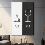 Frameless canvas wrap of AM coffee cup and PM wine glass split design – contemporary black white wall art for living room