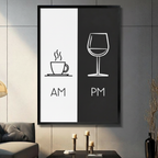 Minimalist black and white AM coffee PM wine framed wall art on dark grey wall – modern living room décor