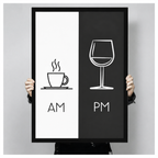 Hand-held black framed AM PM coffee wine split print – minimalist black white wall art size reference