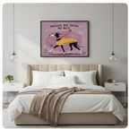 Anxious But Trying My Best funny greyhound framed canvas art above a beige upholstered bed with white linen bedding, a taupe throw blanket, white nightstands, potted plants, and globe pendant lights