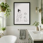 Hands holding a large framed funny cat and toilet humor canvas print, showing size reference and print quality for bathroom wall art gift