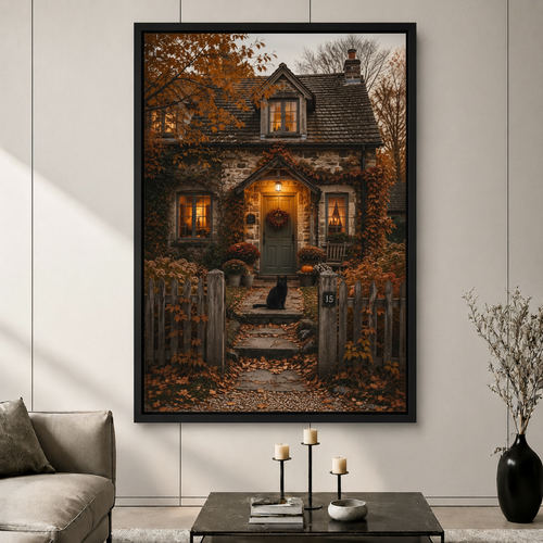 Black framed canvas wall art of a cozy stone cottage in autumn with a black cat on the garden path, glowing porch light, fall foliage, and a wreath on the door, displayed above a dark marble coffee table in a contemporary living room
