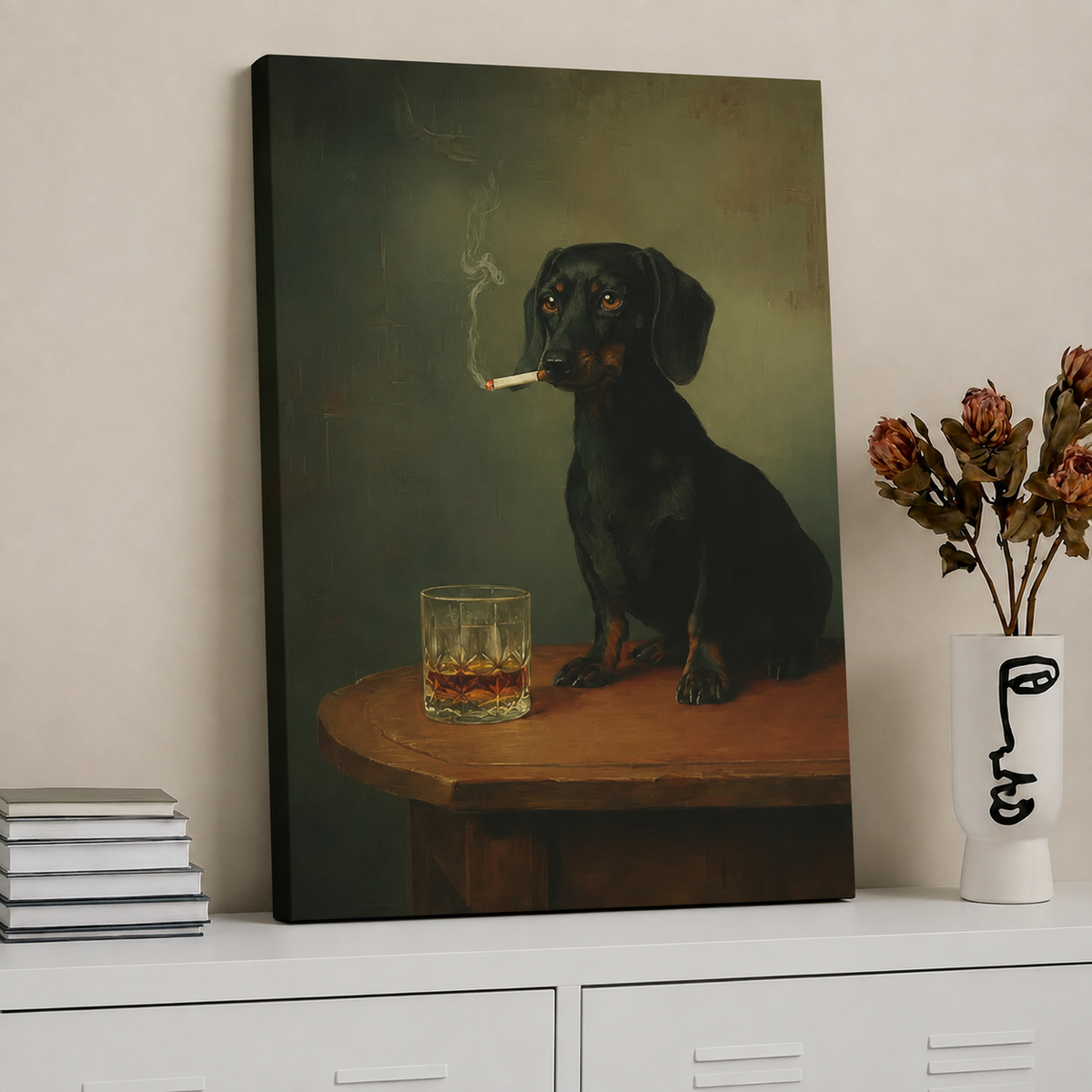Black Dog Whiskey Cigar Gentleman Dark Canvas Art