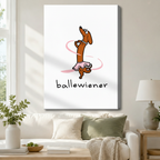 Stretched canvas wall art featuring a cute ballerina dachshund in a pink skirt spinning on one leg with ballewiener text, hung above a white sofa in a modern living room