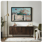 Framed street art impressionist oil painting black silhouette child stretching arm toward floating red heart balloon along weathered white wall with cascading red blooms and distant sailboat on teal sky canvas print above dark walnut sideboard on light grey wall with gold floor lamp and olive green armchair - dreamy Banksy inspired girl with balloon wall art for stylish modern living room decor
