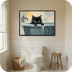 Black cat in bathtub framed canvas art displayed above toilet in bright bathroom with white shiplap walls and natural window light