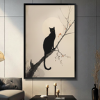 Framed Chinese ink wash style black cat sitting on a bare branch gazing at the moon canvas wall art with warm cream background and red autumn berries displayed on a dark grey wall in a modern living room