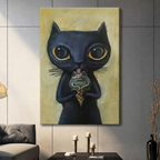 Unframed canvas print of a wide-eyed black cat licking a frog in a waffle cone on a textured gold background hung in a contemporary grey living room