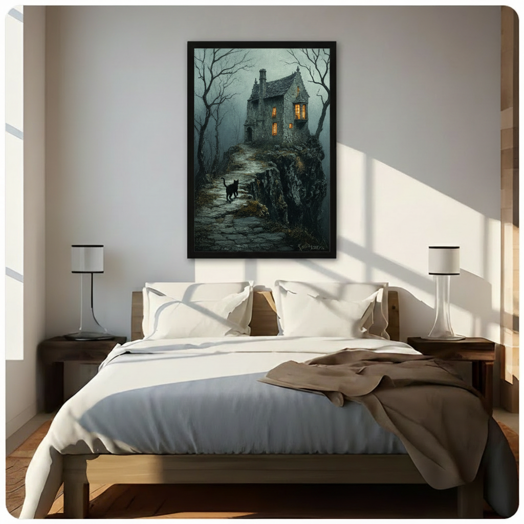 Gothic black cat cliff house framed canvas displayed above bed in sunlit bedroom - dark moody fantasy landscape wall art for dramatic bedroom decor