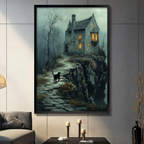 Gothic fantasy black cat walking toward glowing stone house on cliff framed wall art - dark moody oil painting canvas print for living room decor