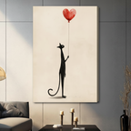 Unframed black cat with heart balloon canvas print - elegant minimalist wall art for contemporary home decor