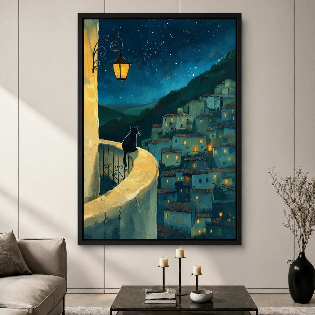 Framed canvas wall art of a black cat sitting on a stone balcony railing overlooking a glowing Mediterranean hillside village under a starry night sky, displayed in a modern living room