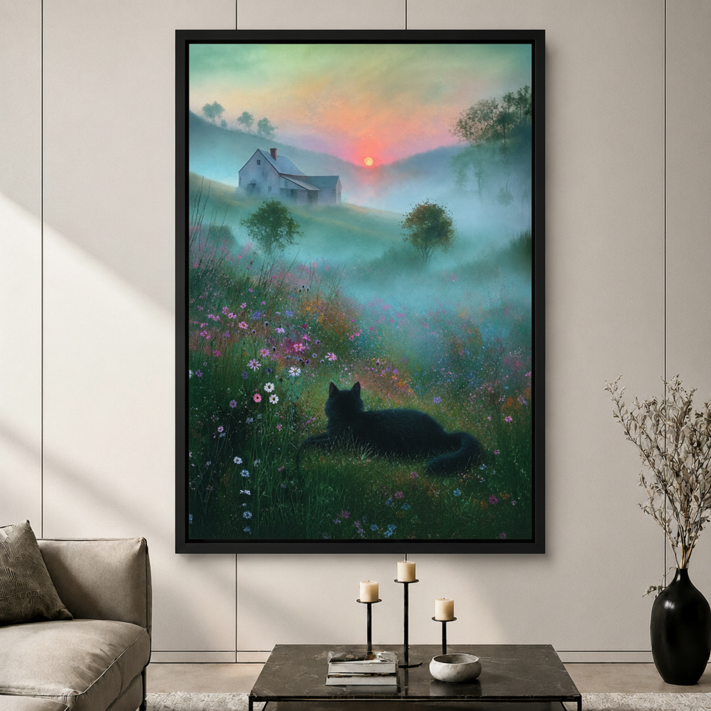 Framed canvas wall art of a black cat resting in a misty wildflower meadow at sunrise, displayed in a modern living room above a coffee table