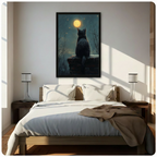 Black framed canvas wall art of a cat silhouette gazing at a golden full moon in a starry night sky, displayed above a bed in a sunlit minimalist bedroom