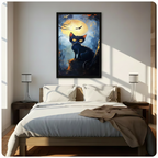 Dark fantasy black cat moon wall art above bed in bright bedroom — framed canvas print with glowing eyes and autumn forest atmosphere