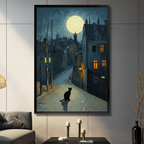 Black cat sitting on moonlit cobblestone street impressionist oil painting in black frame mounted on grey living room wall