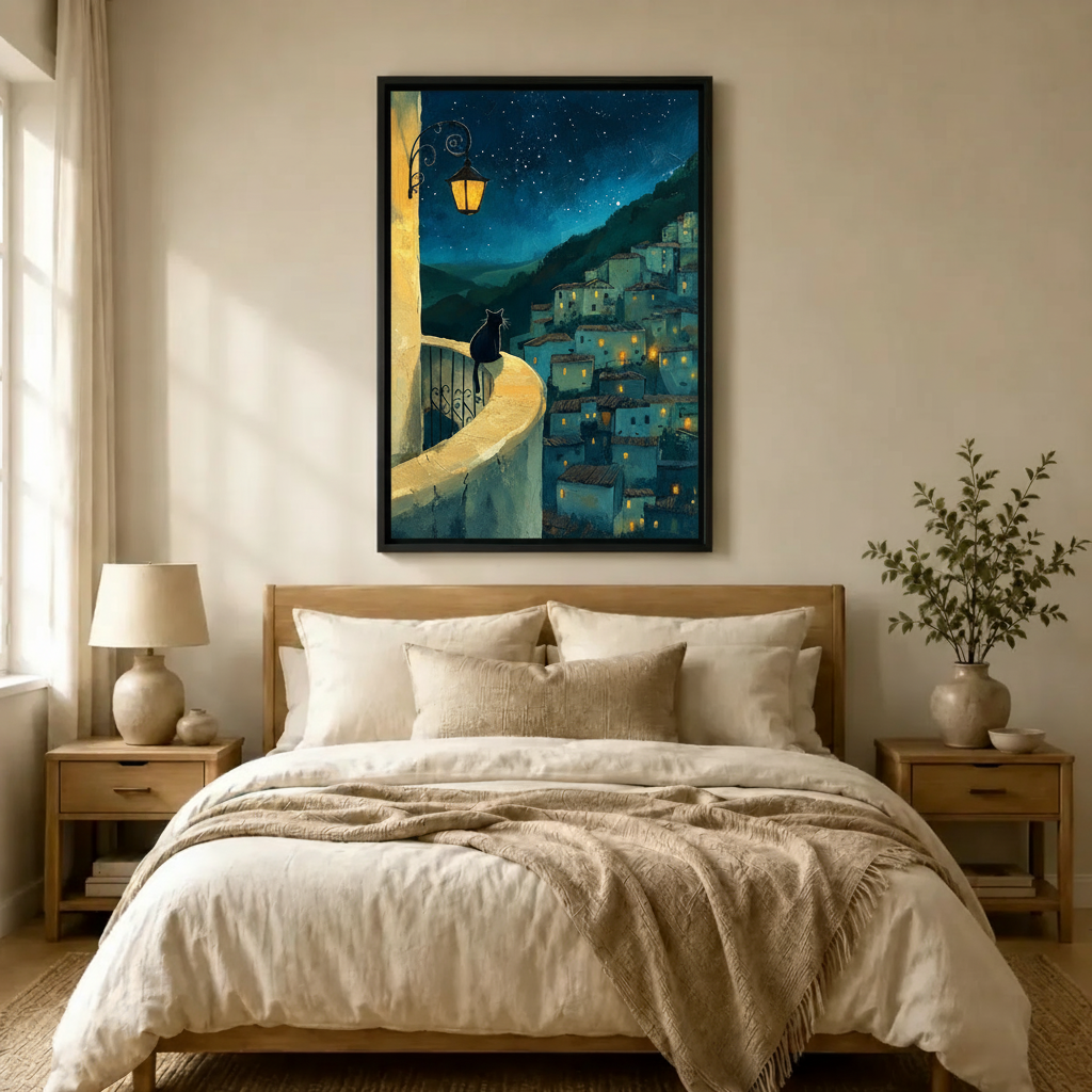 Black-framed canvas wall art featuring a black cat overlooking a moonlit European village with warm glowing windows and a lush hillside, styled above a neutral linen bedroom bed