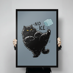 Person holding black cat No Ice framed art print, front-facing product display on grey background