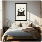 Framed black fluffy cat peeking over edge with floating black hearts minimalist line art illustration above dark wooden bed in sunlit bedroom – large amber eyes cream background cute cat canvas wall art for bedroom decor