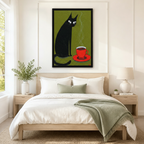 Oversized framed wall art of a stylized black cat beside a red coffee cup on a rich olive green background, displayed above a neutral linen bed in a Scandinavian bedroom