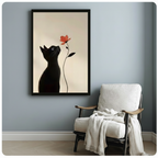 Black framed minimalist black cat and red flower canvas print beside white armchair on blue-grey wall - elegant cat silhouette with single red bloom and clean botanical stem for minimalist reading nook decor