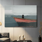 Canvas wrap print featuring a lone black cat perched on a rustic red rowboat gazing across still grey water, textured oil painting style, hung on grey wall