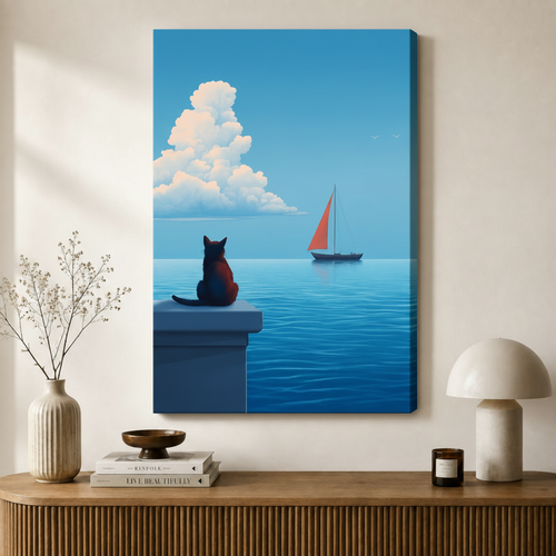 Stretched canvas print featuring a contemplative black cat overlooking a red-sailed boat on serene blue water, styled in a Scandinavian-inspired room