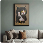 Black cat holding seagull framed canvas print — pastel folk art wall decor for modern homes