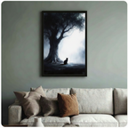 Framed black cat silhouette sitting by ancient tree roots in misty forest digital oil painting above cream textured sofa on sage green wall – dark blue moody forest cat canvas wall art for living room decor