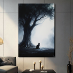 Frameless black cat silhouette beside massive ancient tree in misty glowing forest digital oil painting on grey panel wall – dark atmospheric moody cat canvas print for contemporary living room