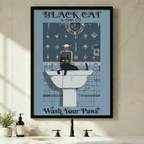 lack Cat and Sink Co Wash Your Paws black cat lounging on white pedestal sink framed wall art - vintage gothic typography bathroom canvas print with steel blue background brass faucet and dark floral tile for bathroom vanity decor