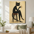 Quirky anthropomorphic black cat on stool with hot coffee mug minimalist linocut gallery wrapped canvas hung above a white sofa with sage green cushions in a cozy neutral living room