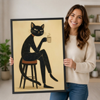 Smiling woman holding large black cat on stool with coffee cup minimalist linocut framed art print in black frame, demonstrating print size and artwork detail
