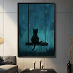 Black cat silhouette sitting on a swing in the rain — framed canvas wall art displayed in a moody dark living room