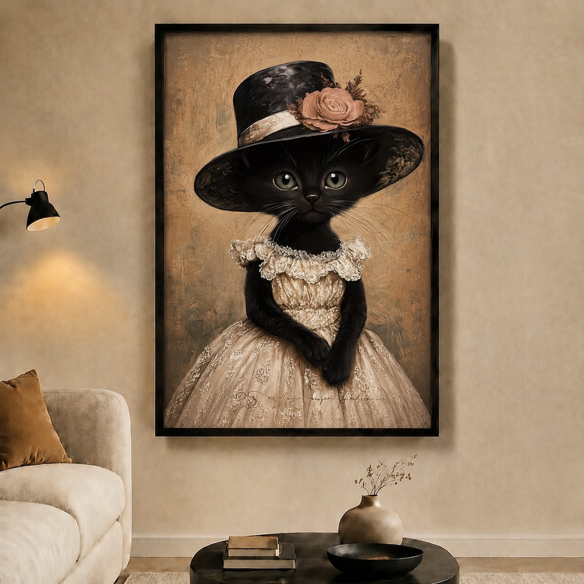 Black cat in Victorian lace dress and wide-brim hat – framed canvas wall art displayed in warm-toned living room
