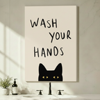 Unframed black cat wash your hands canvas print above bathroom vanity - peekaboo cat wall art with cream background for modern bathroom decor