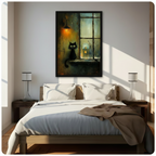 Large framed black cat rainy window lantern canvas wall art above wooden bed in sunlit minimalist bedroom with white bedding and matching bedside lamps