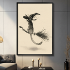 Framed black cat witch flying on broomstick ink painting canvas wall art displayed in modern living room with grey paneled wall and candlestick decor
