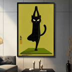Framed canvas wall art of a black cat doing yoga tree pose on a green mat, olive yellow background, displayed in a modern living room