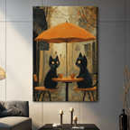 Whimsical black cats sharing coffee beneath an orange café umbrella surrounded by falling autumn leaves, canvas wrap wall art in contemporary living room