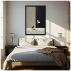 Large framed minimalist bird wall art above bed, depicting black crow and white dove against beige and black background in sunlit neutral bedroom