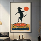 Black dog standing upright dancing on orange vinyl record player turntable crayon line illustration in black frame on dark grey panel wall – red sun cream background dog music canvas wall art for living room