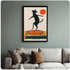 Framed black dog dancing on orange turntable crayon line illustration above cream textured sofa on sage blue-green wall – retro vinyl record player dog canvas wall art for living room decor