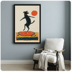 Black dog on orange vinyl record player turntable framed crayon illustration beside white linen armchair on pale blue wall – red sun retro music dog canvas art for reading corner