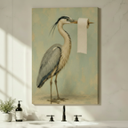 Frameless canvas print of antique style great blue heron with toilet paper on beak displayed above bathroom sink wall decor