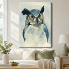 Soft blue watercolor owl portrait gallery wrap canvas art hanging above white sofa in modern farmhouse living room